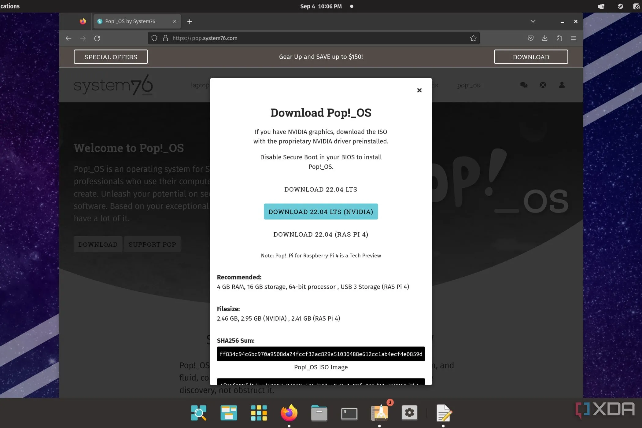 Trang tải xuống Pop!_OS phiên bản 22.04 LTS với tùy chọn driver Nvidia được cài đặt sẵn, minh chứng cho sự tiện lợi.