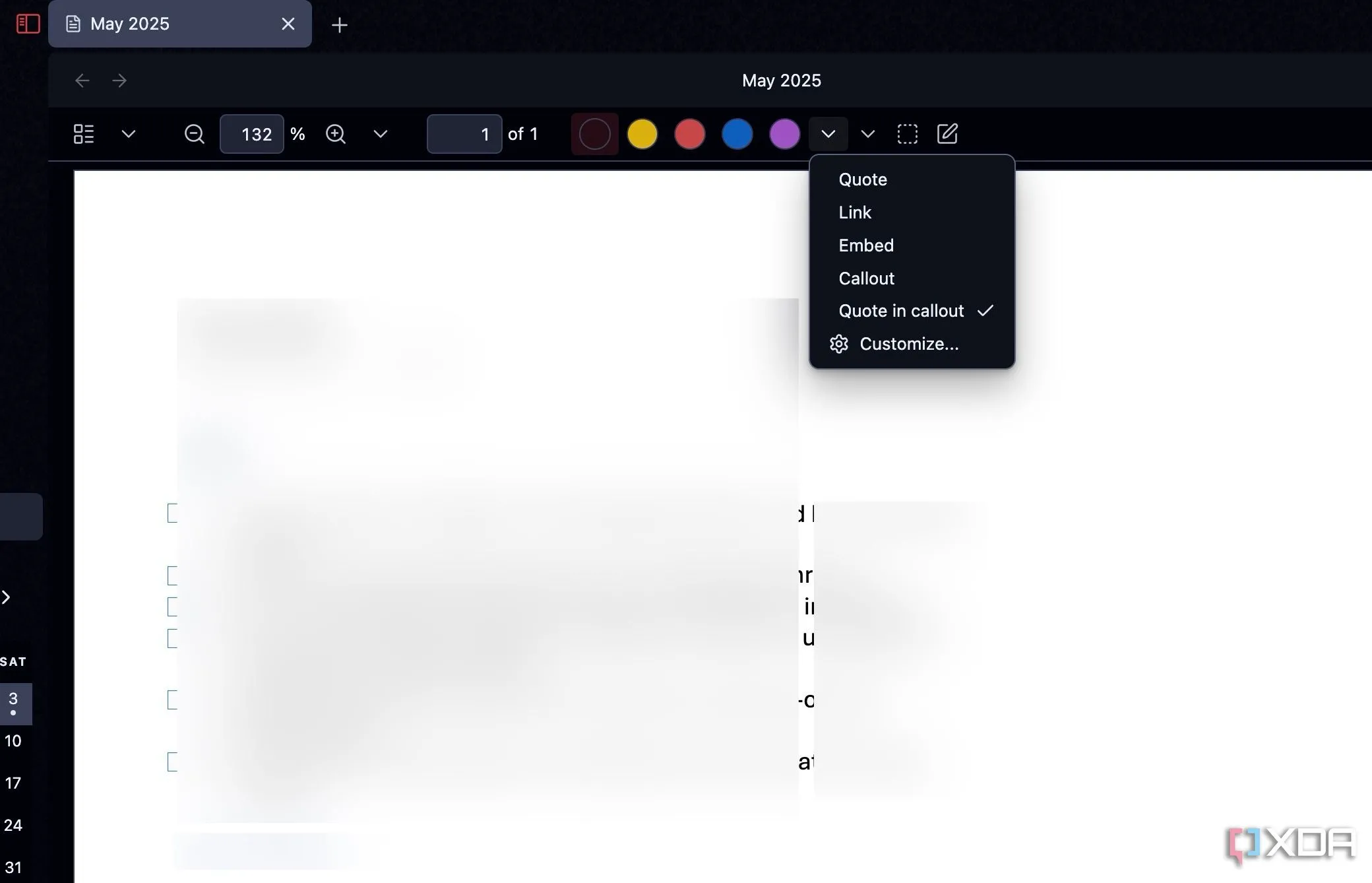 Trình chỉnh sửa PDF trong Obsidian với các phần được tô sáng bằng nhiều màu khác nhau