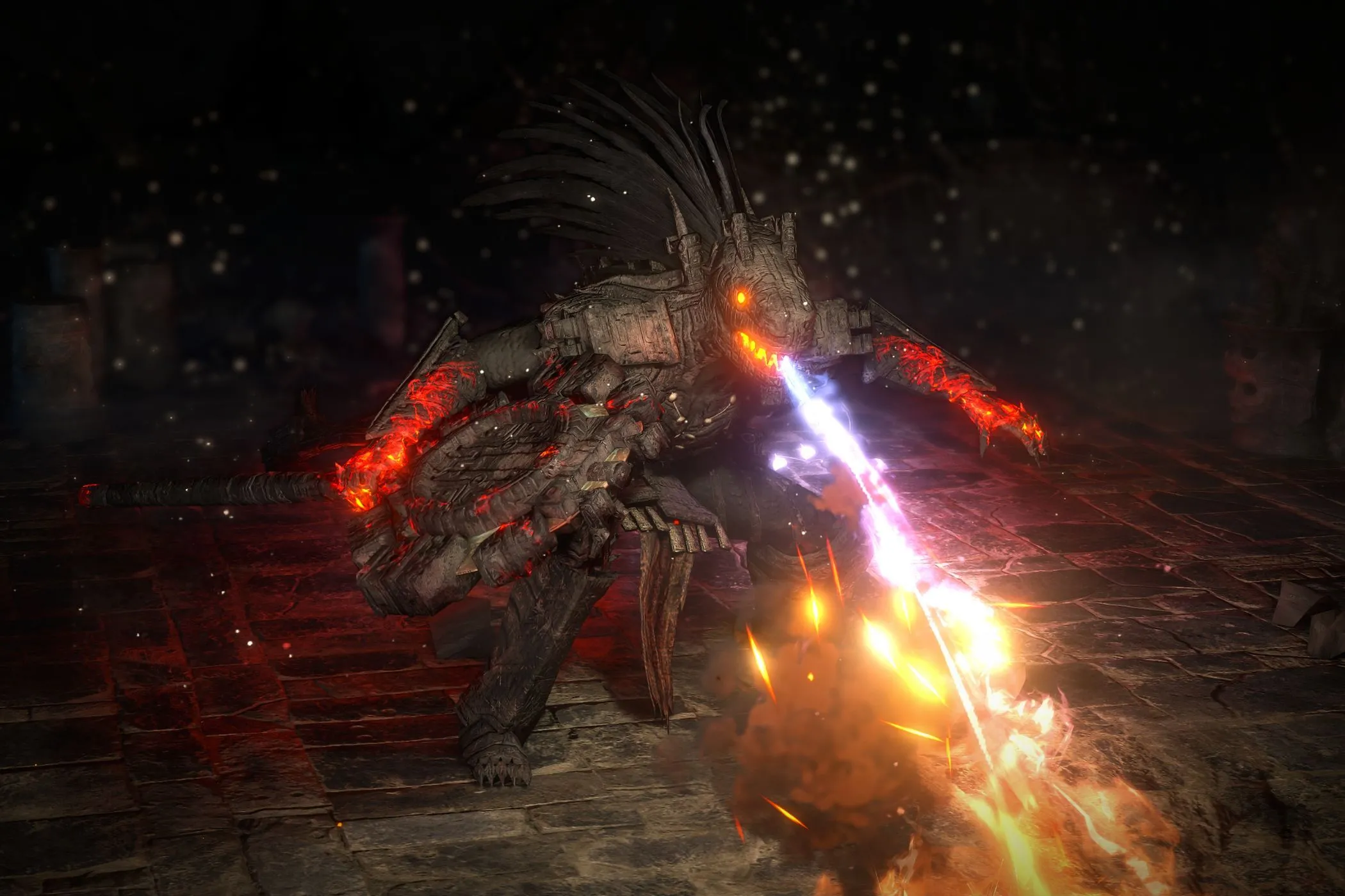 Trùm Blackjaw phun lửa trong trận chiến tại đấu trường của Path of Exile 2