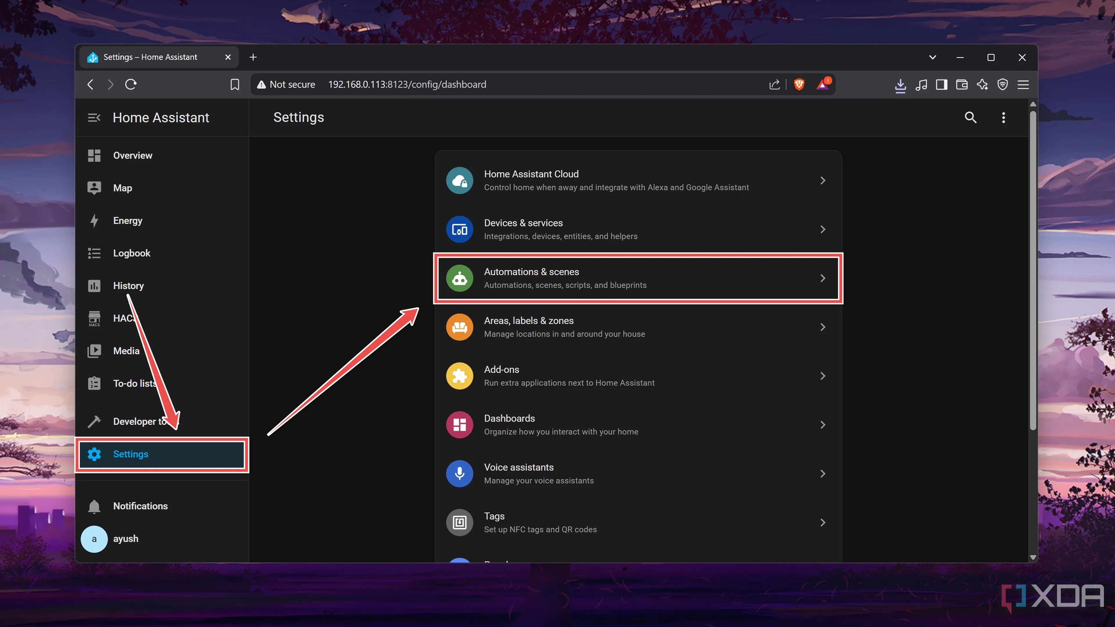 Truy cập tab Automations &amp; scenes trong Home Assistant để bắt đầu cấu hình blueprint thông báo Frigate