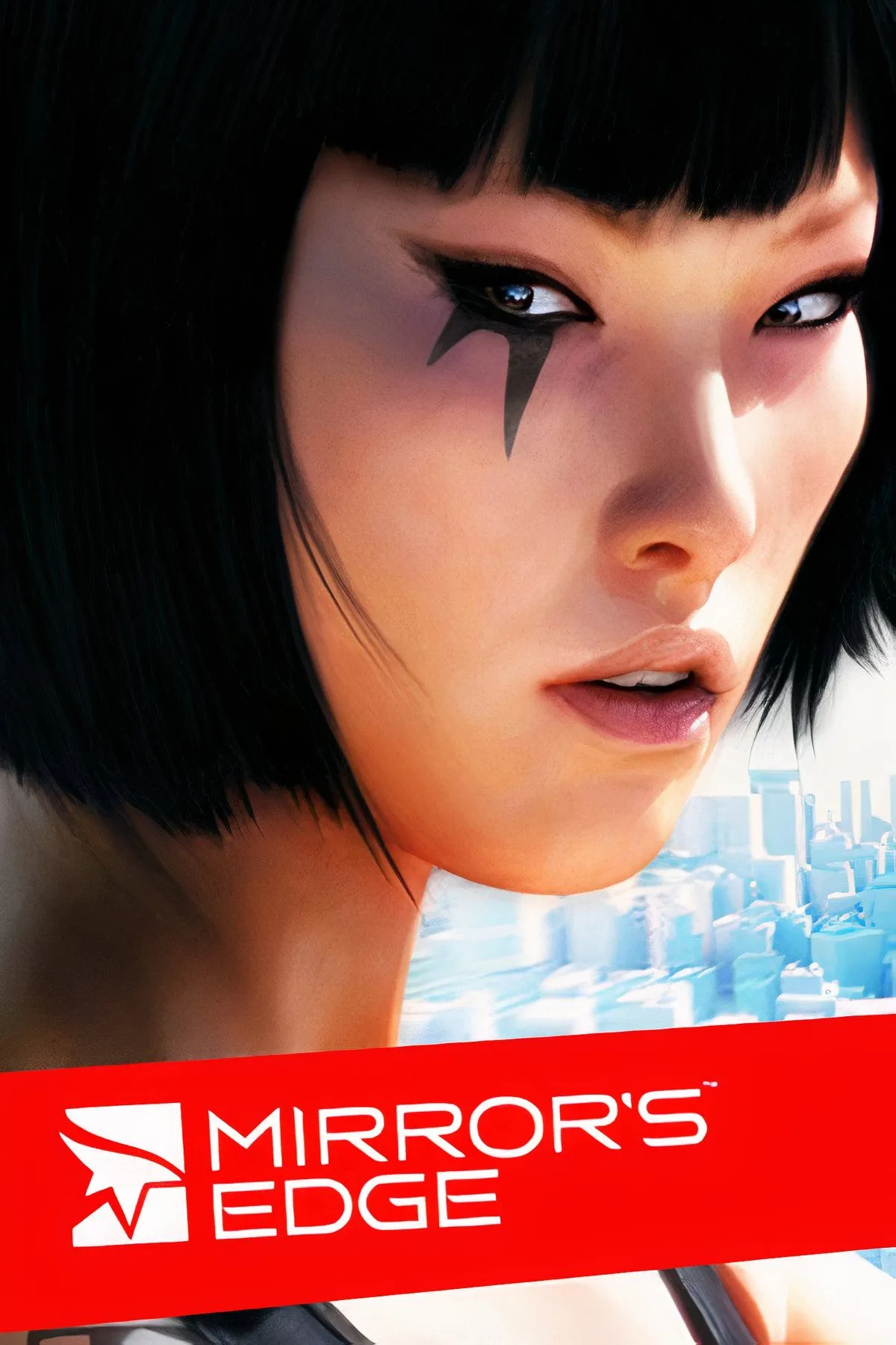 Tựa game hành động parkour Mirror's Edge với logo, có mặt trên PC, PlayStation và Xbox, phát hành ngày 11 tháng 11 năm 2008.