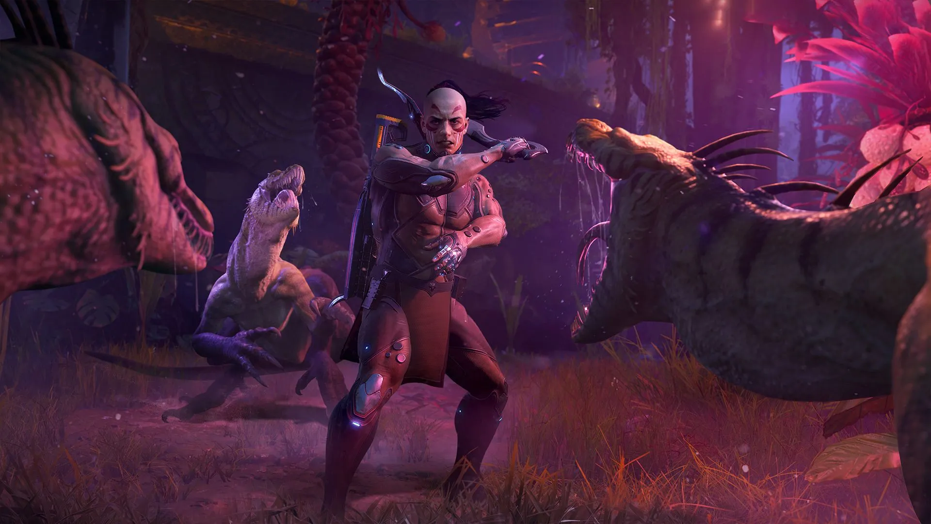 Turok cùng dao chiến đấu giữa bầy khủng long hùng dũng, thể hiện tinh thần của Turok Origins