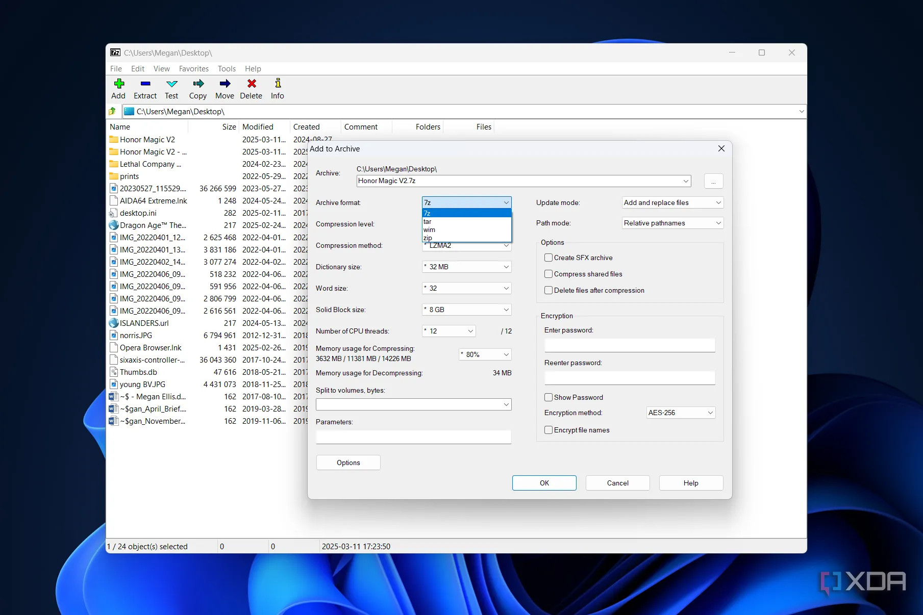 Tùy chọn định dạng nén file phong phú trong giao diện 7-Zip bao gồm 7z, TAR, WIM, ZIP
