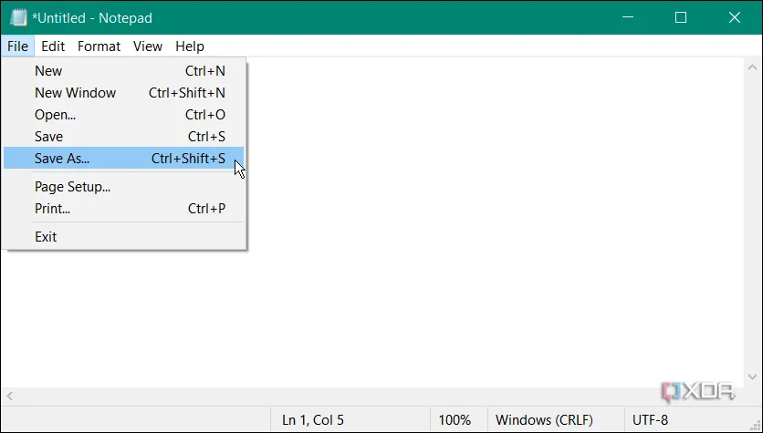 Tùy chọn lưu tệp trong Notepad trên Windows, minh họa sự hạn chế