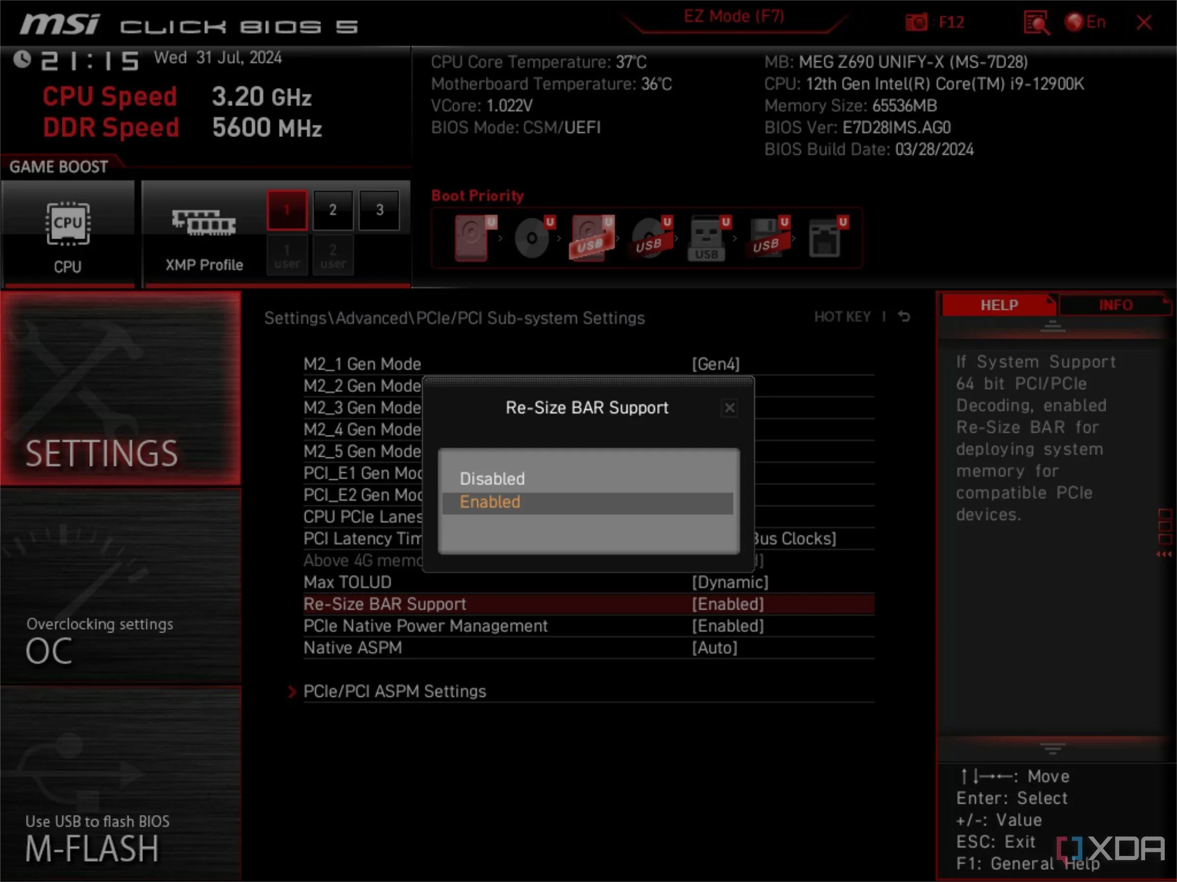 Tùy chọn Resizable BAR trong giao diện BIOS MSI, liên quan đến tương thích hệ thống