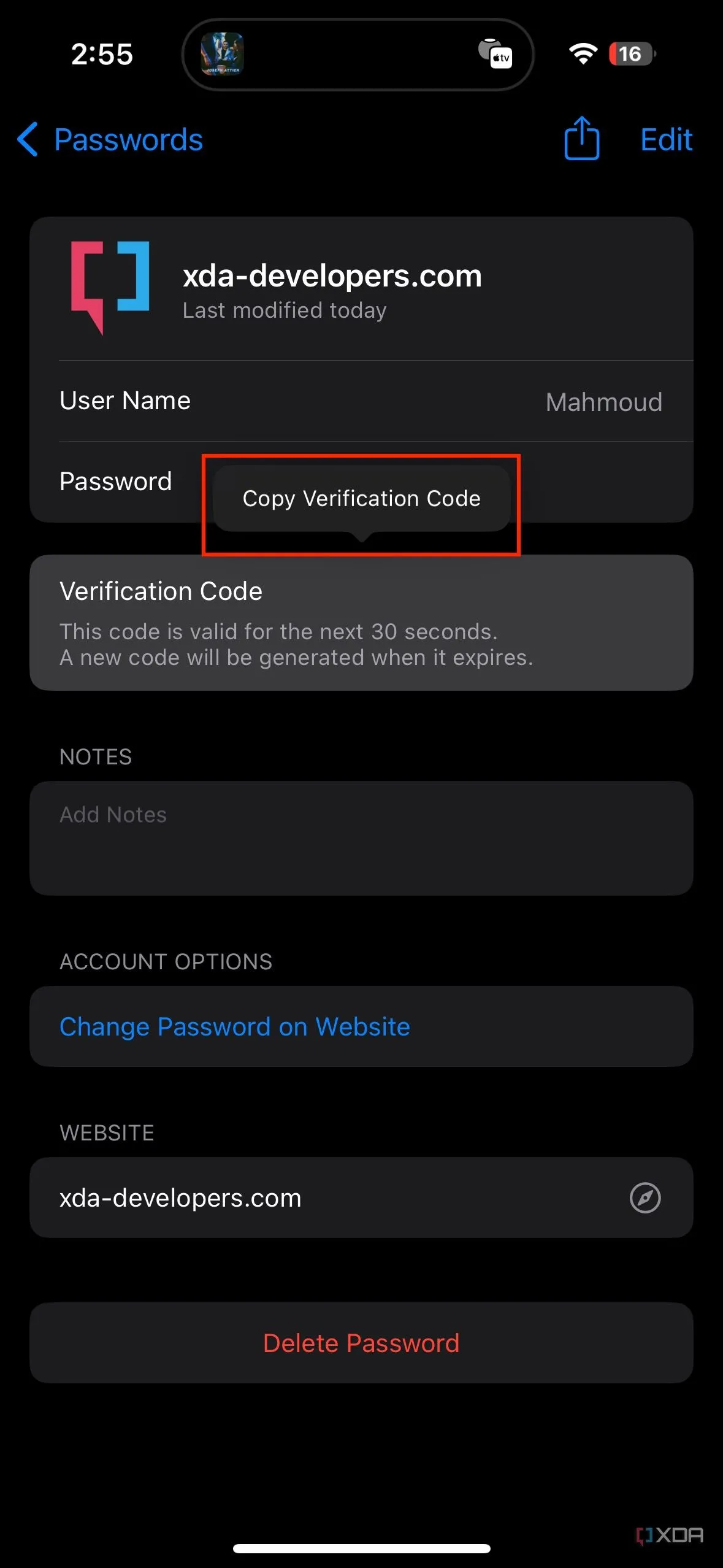 Tùy chọn sao chép mã xác thực hiển thị trên cài đặt iOS, minh họa sự tiện lợi của ứng dụng 2FA