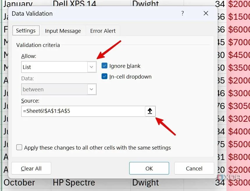 Tùy chọn thiết lập danh sách (List) cho Data Validation trong Excel.