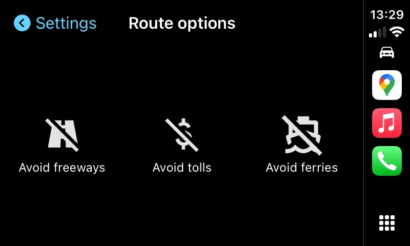 Tùy chọn tuyến đường trong cài đặt Google Maps CarPlay, cho phép tránh đường cao tốc, đường có phí hoặc phà.