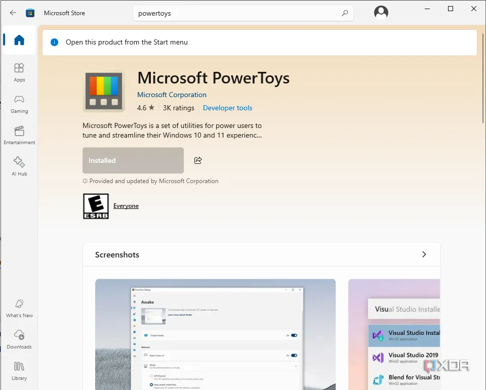 Ứng dụng PowerToys có thể dễ dàng tìm thấy và tải về từ Microsoft Store.
