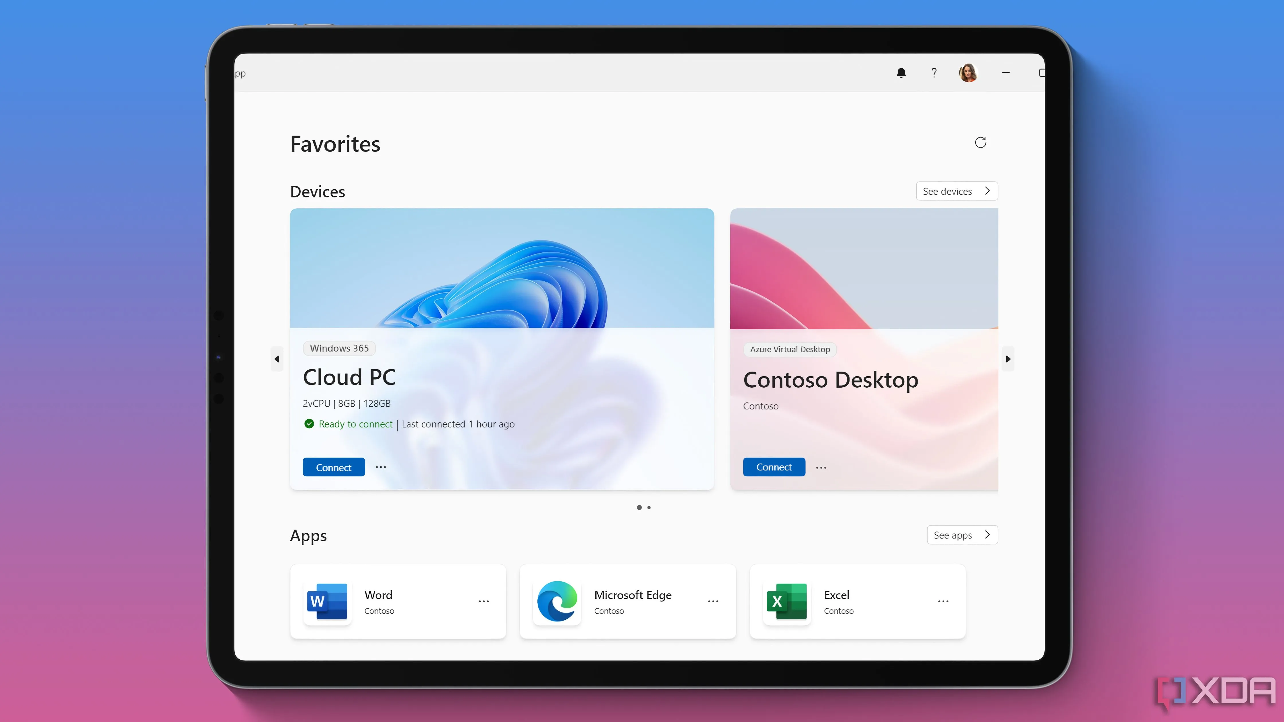 Ứng dụng Windows App của Microsoft đang chạy trên iPad Pro với giao diện máy tính từ xa