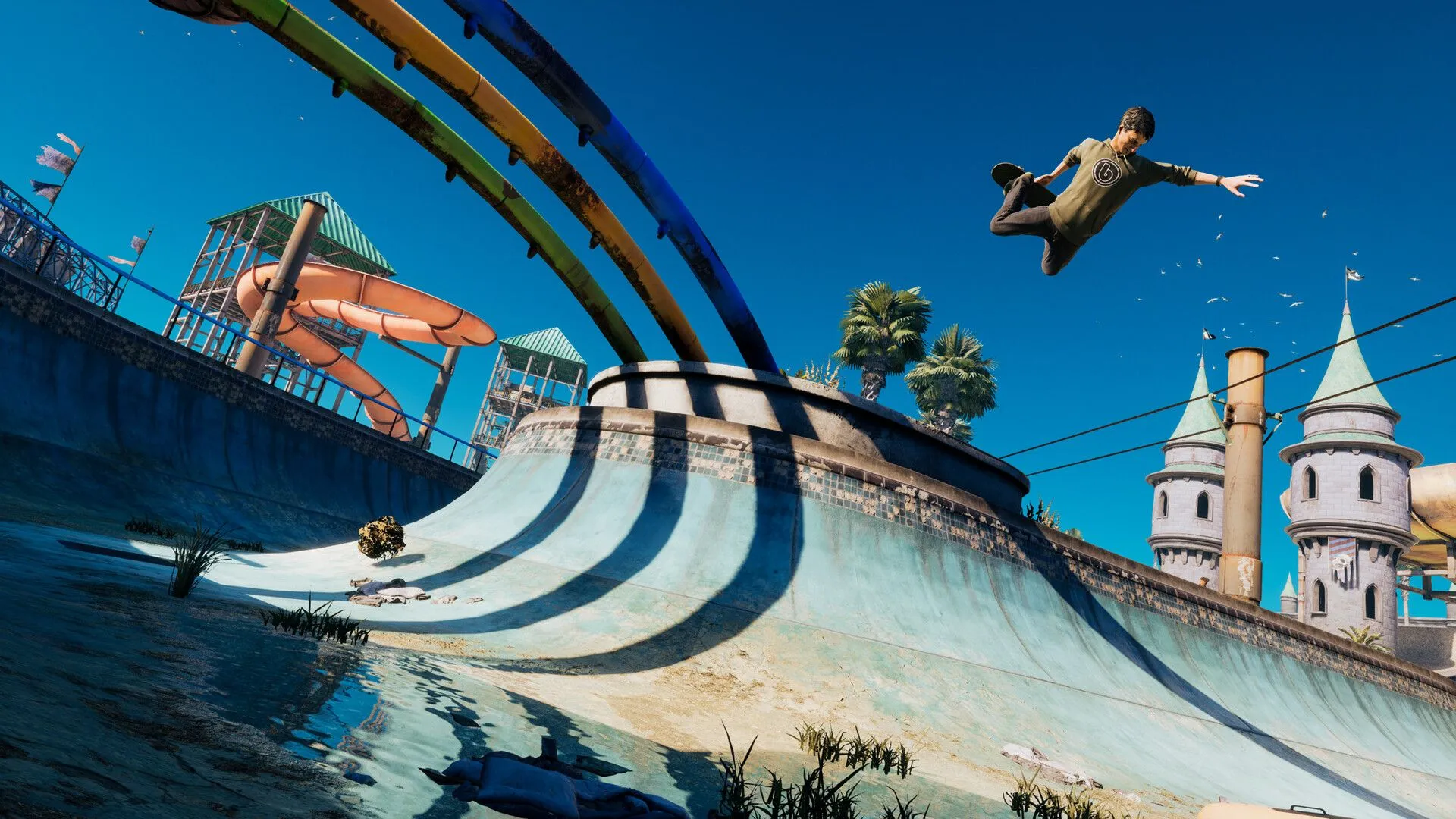 Vận động viên trượt ván đang thực hiện cú lộn trên không trong Tony Hawk's Pro Skater 3 + 4, thể hiện lối chơi sôi động.