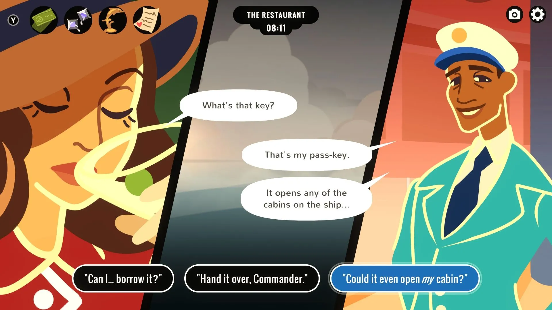 Veronica Villensey trò chuyện với Thuyền trưởng Anders trong game suy luận Overboard