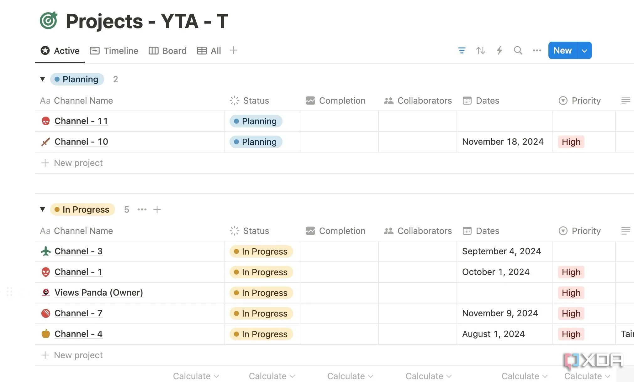 Ví dụ về database quản lý dự án trên Notion, theo dõi trạng thái và công việc