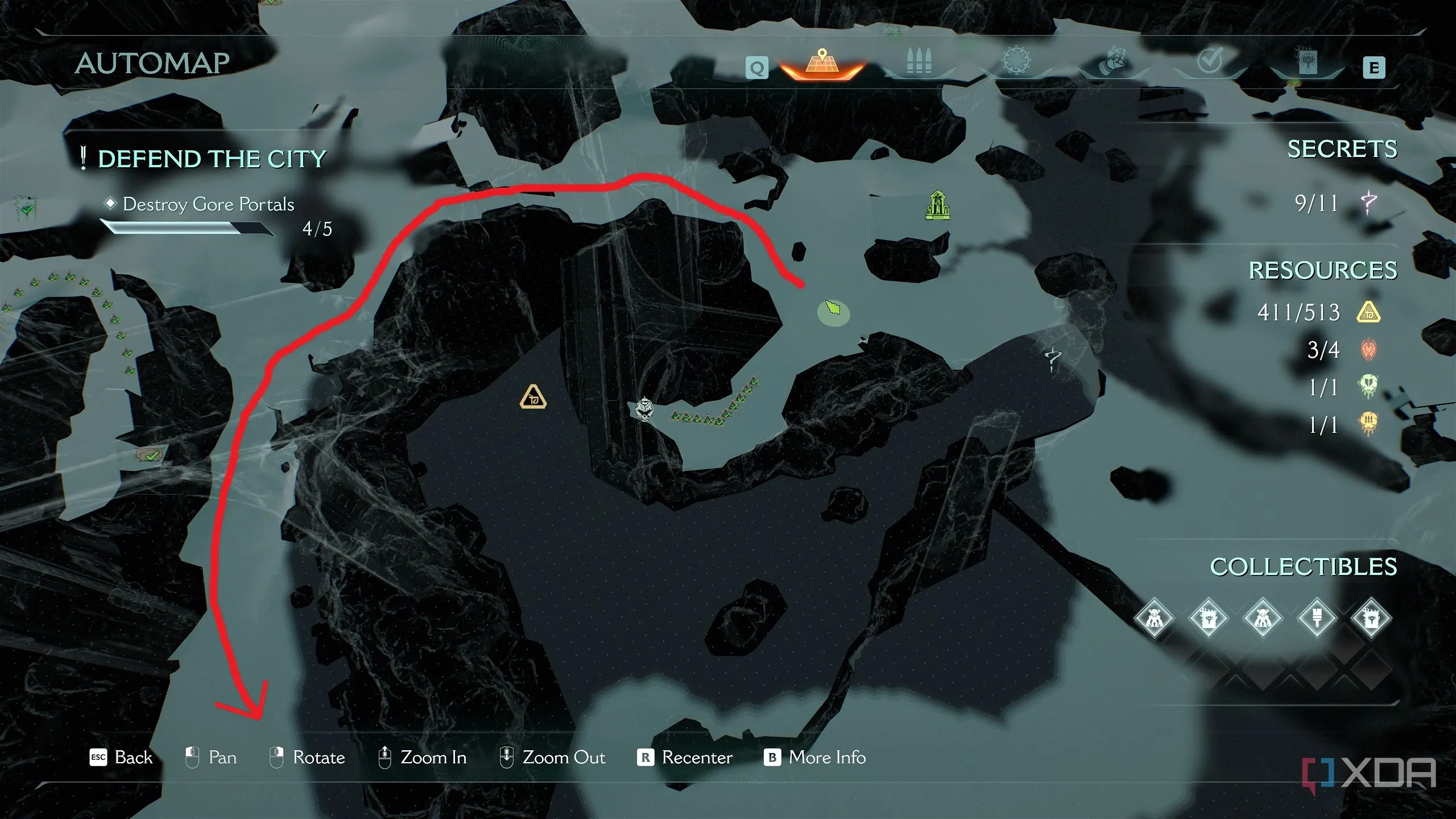 Vị trí trên bản đồ 3D dẫn từ xúc tu đến Cổng Địa Ngục đầu tiên trong Doom: The Dark Ages Chapter 6