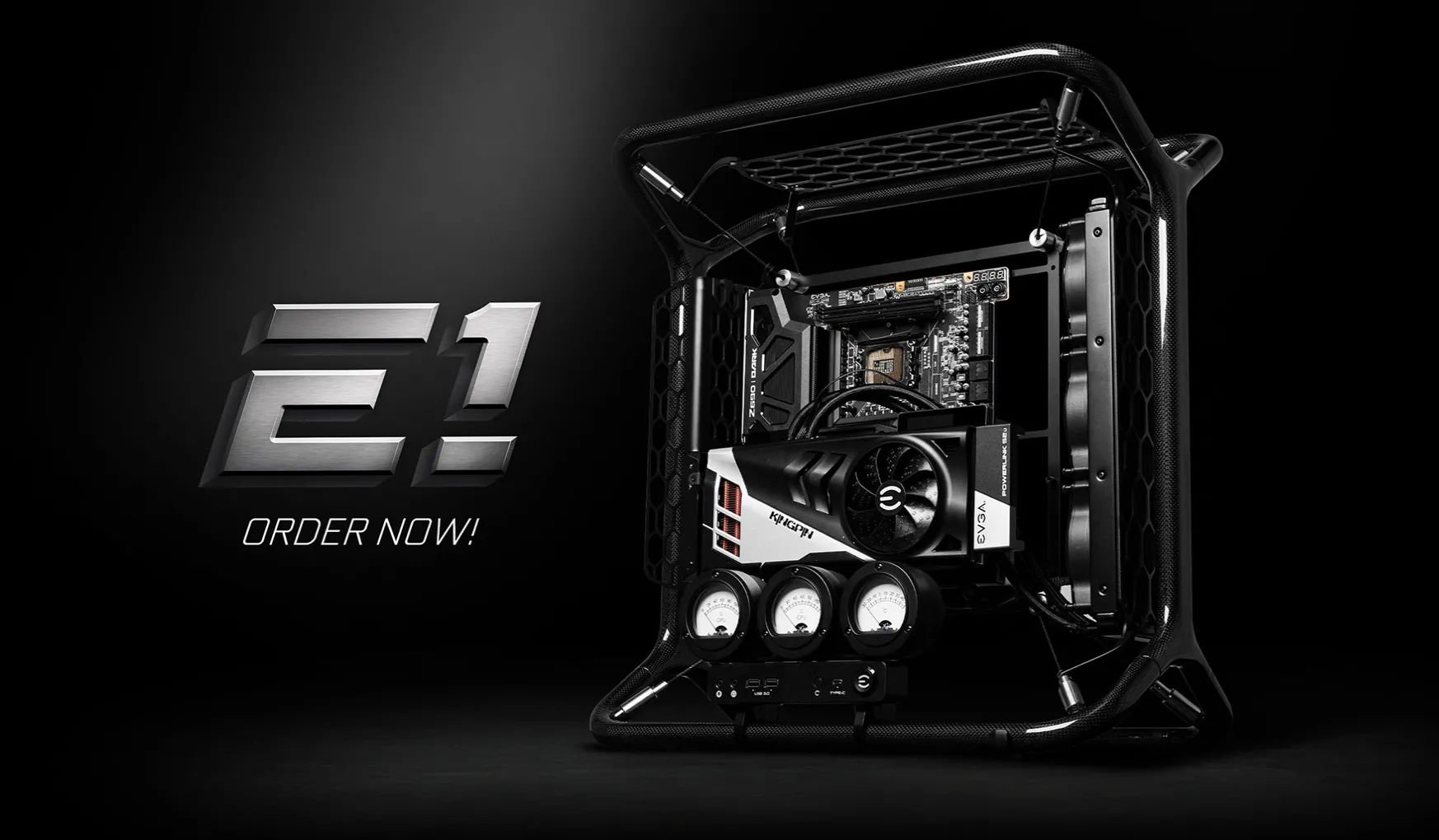Vỏ case EVGA E1 với thiết kế mở, khung sợi carbon và đồng hồ đo nhiệt độ analog độc đáo