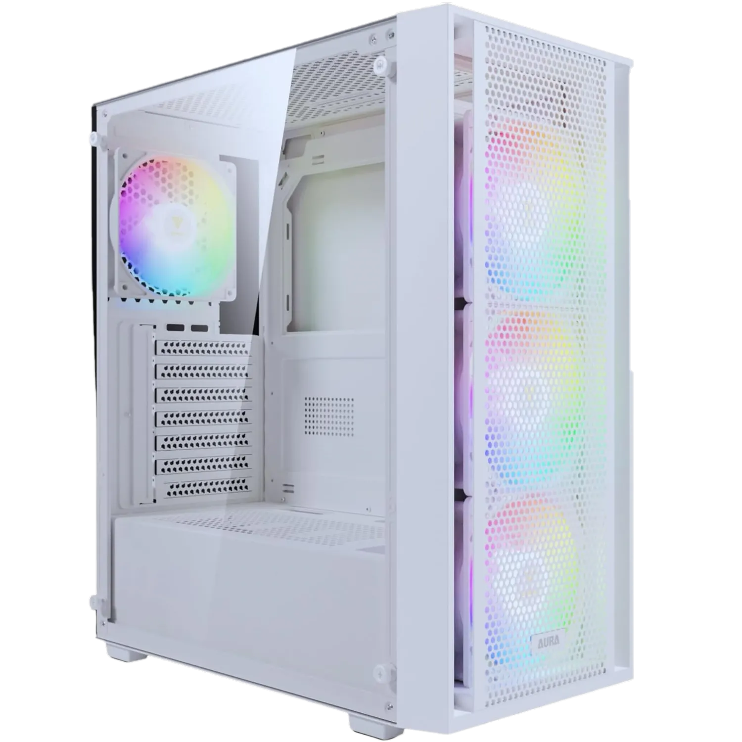 Vỏ case Gamdias Aura GC2 trắng với quạt ARGB được lắp sẵn, tối ưu luồng khí