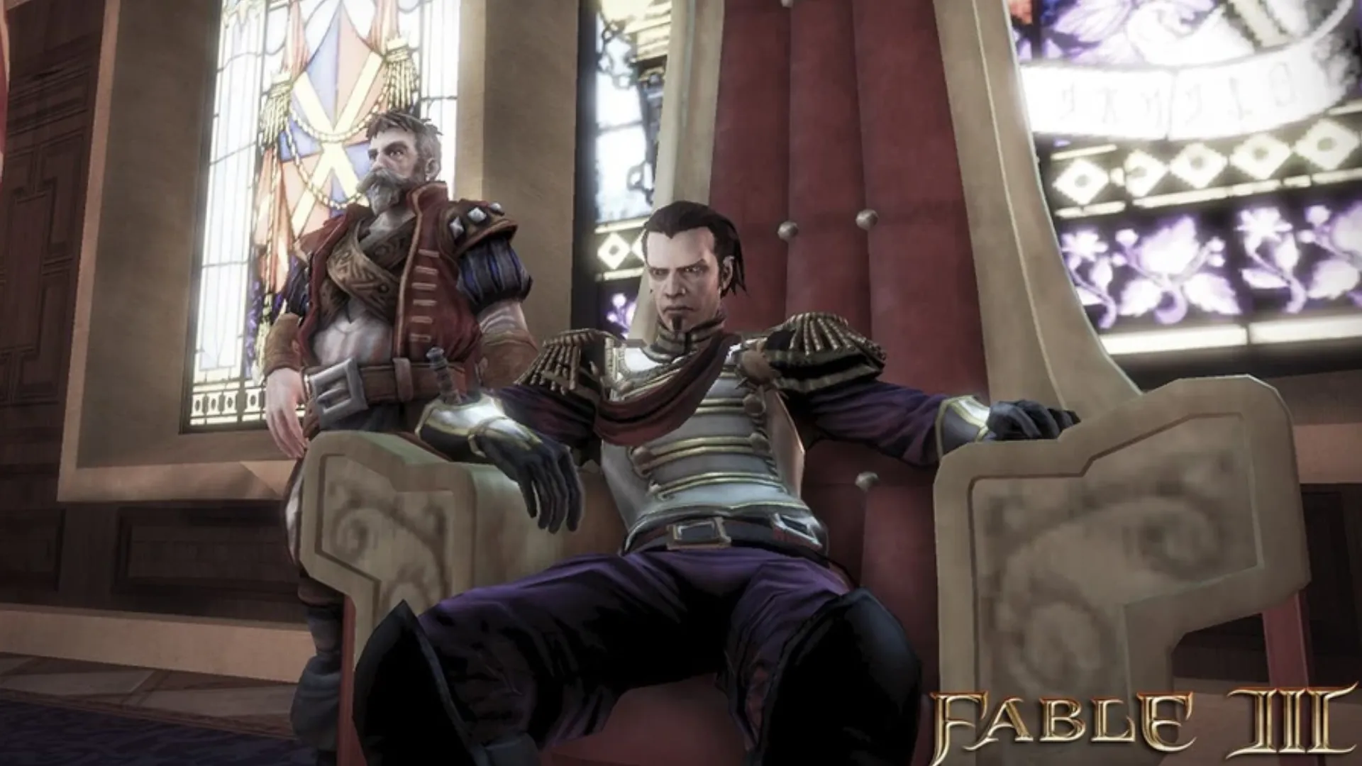 Vua Logan ngồi trên ngai vàng của Albion trong game Fable III
