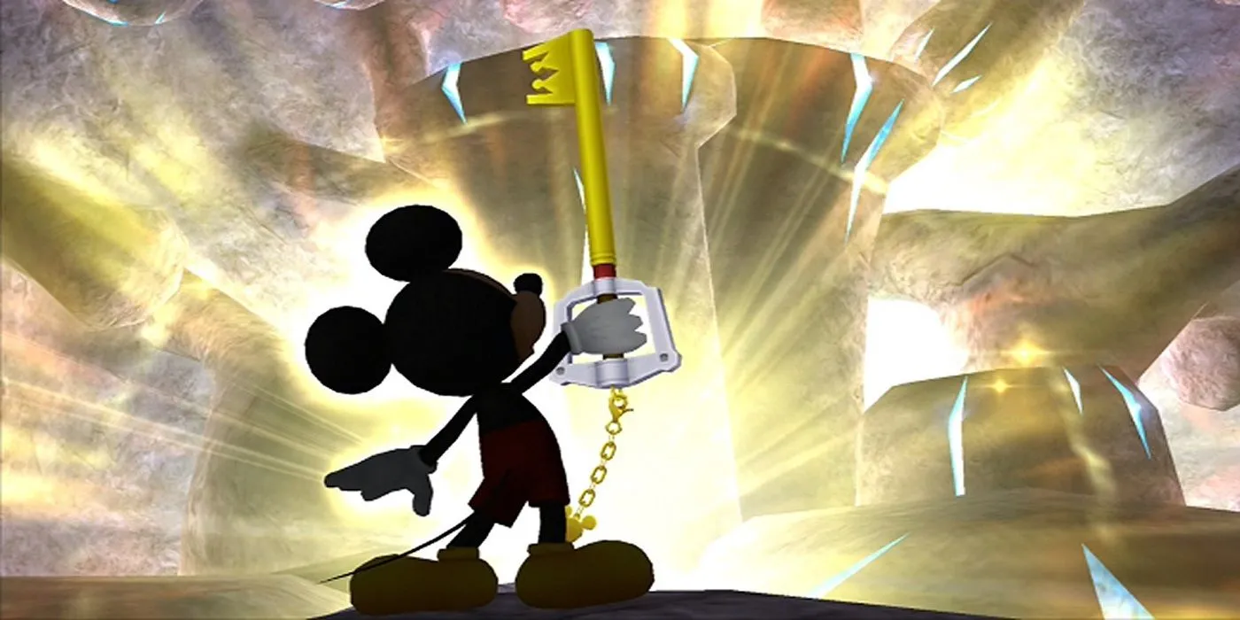 Vua Mickey cầm Keyblade huyền thoại trong series game Kingdom Hearts