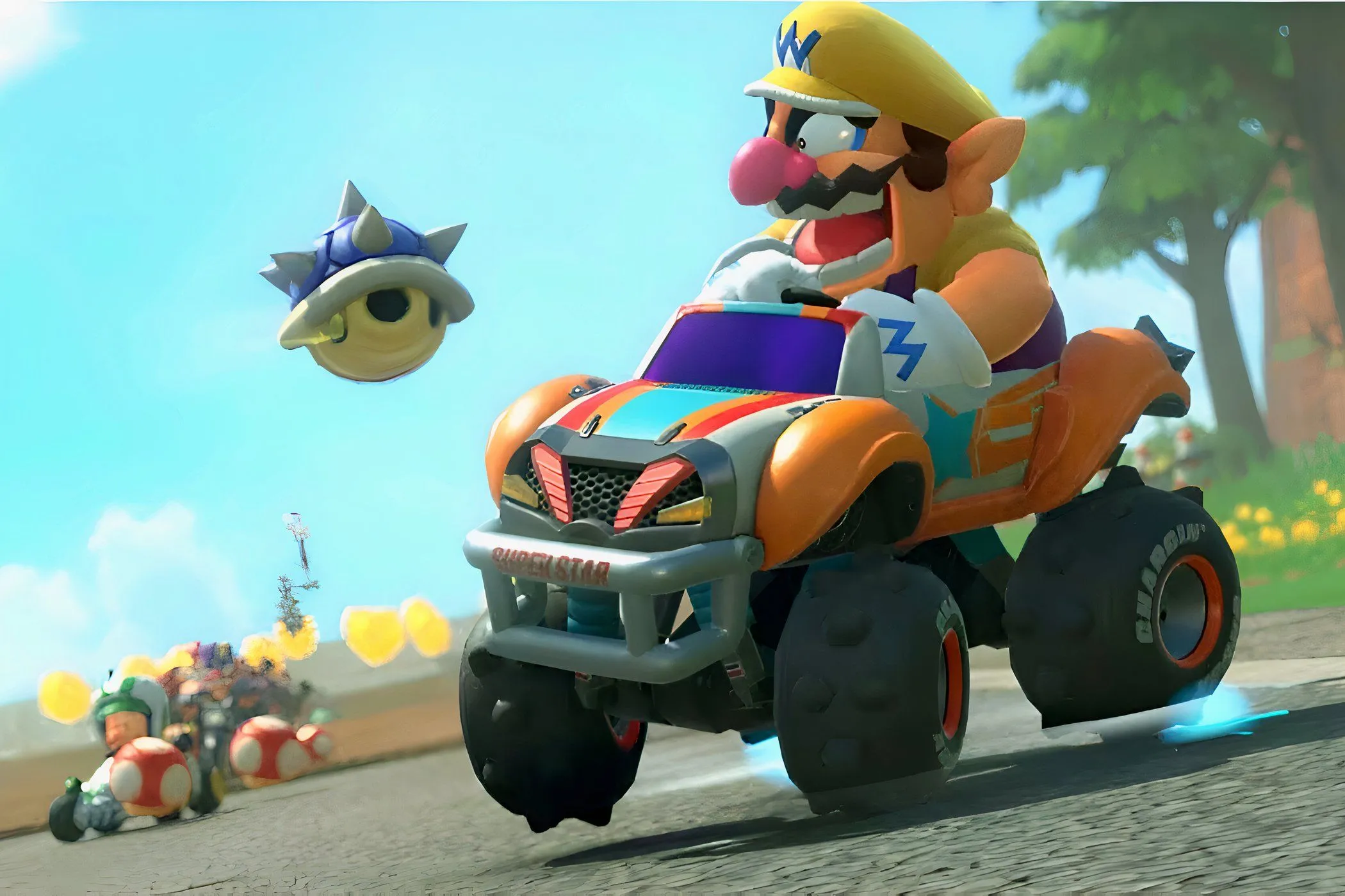 Wario giận dữ nhìn Blue Shell bay tới trong game đua xe Mario Kart
