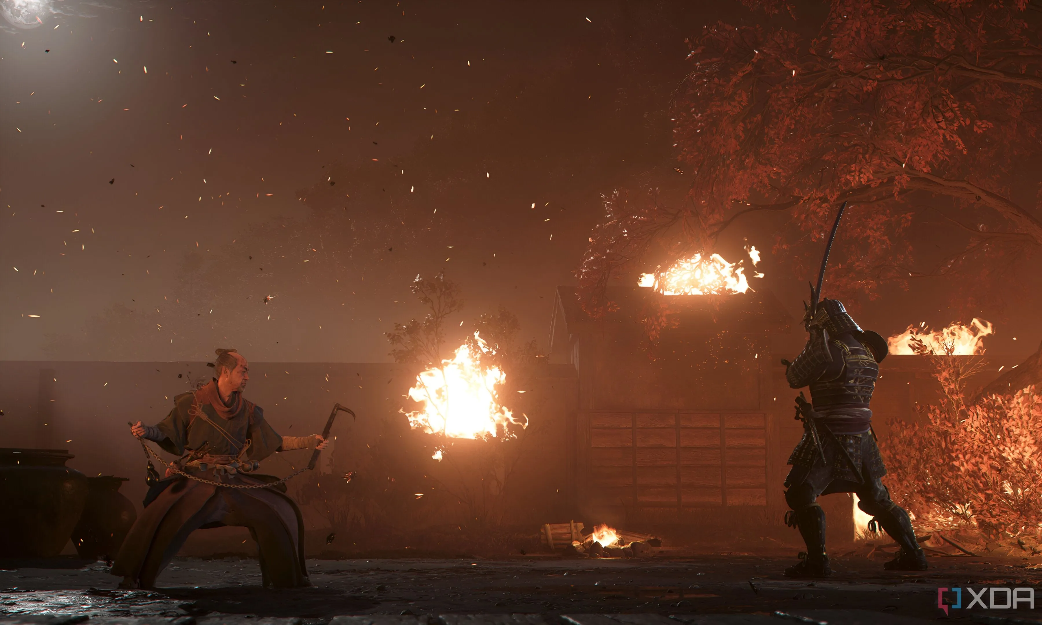 Yasuke chiến đấu dưới trời mưa, lợi dụng thời tiết để che giấu hành động trong Assassin's Creed Shadows