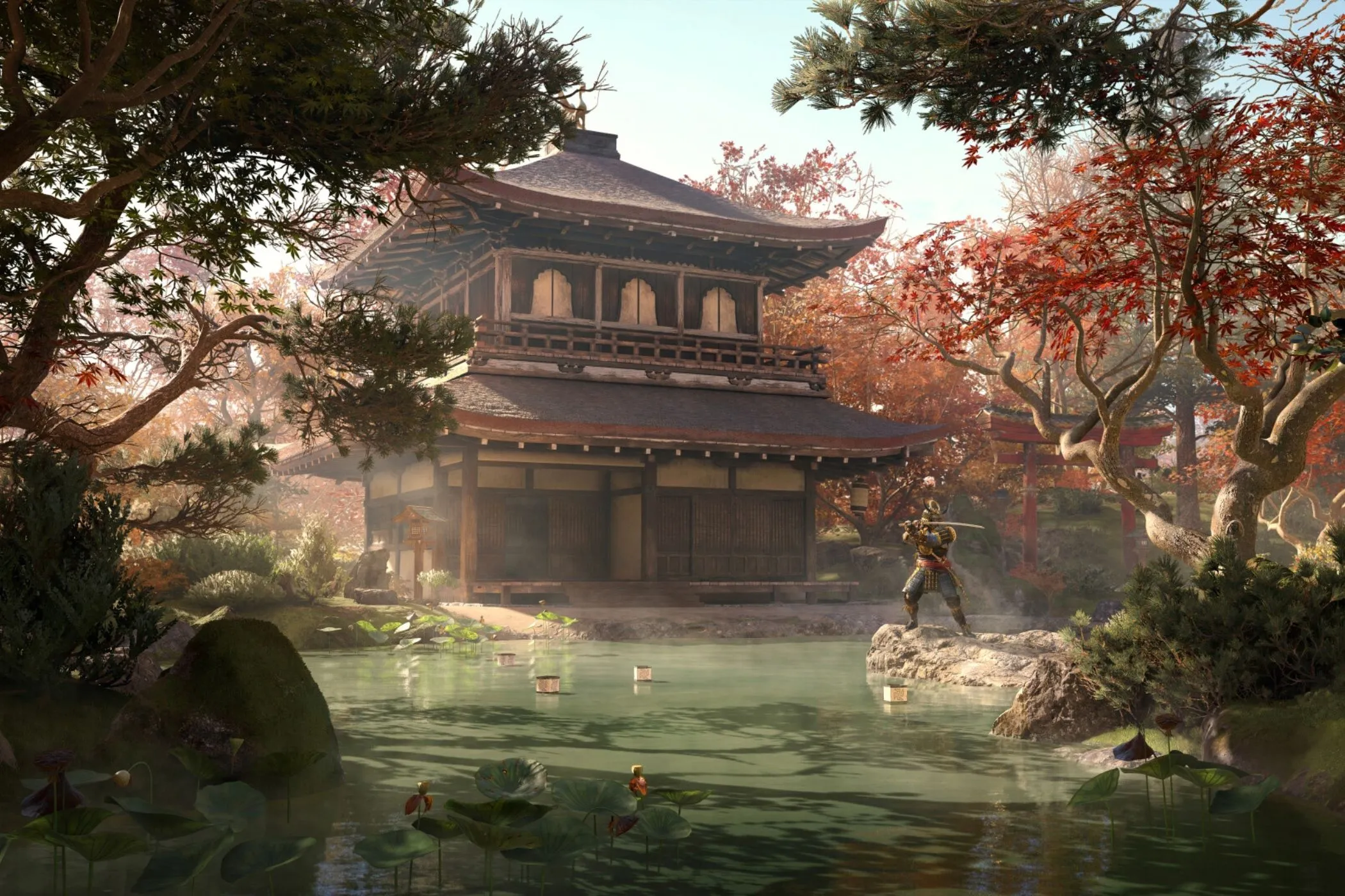 Yasuke đứng trước một ngôi đền hoặc công trình kiến trúc Nhật Bản trong Assassin's Creed Shadows, biểu tượng căn cứ được nâng cấp hiện rõ trên HUD