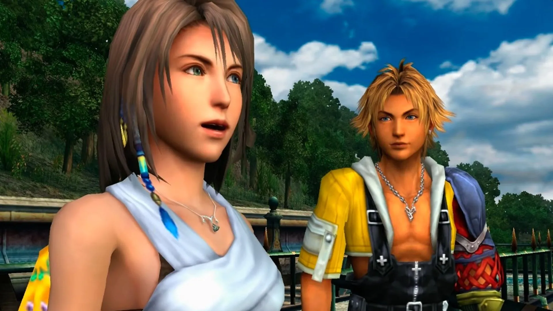 Yuna và Tidus trong cảnh cười nổi tiếng của Final Fantasy X, biểu tượng của sự mạnh mẽ giả tạo trước bi kịch